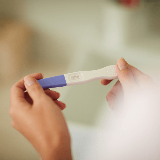 Hands holding a positive home pregnancy test