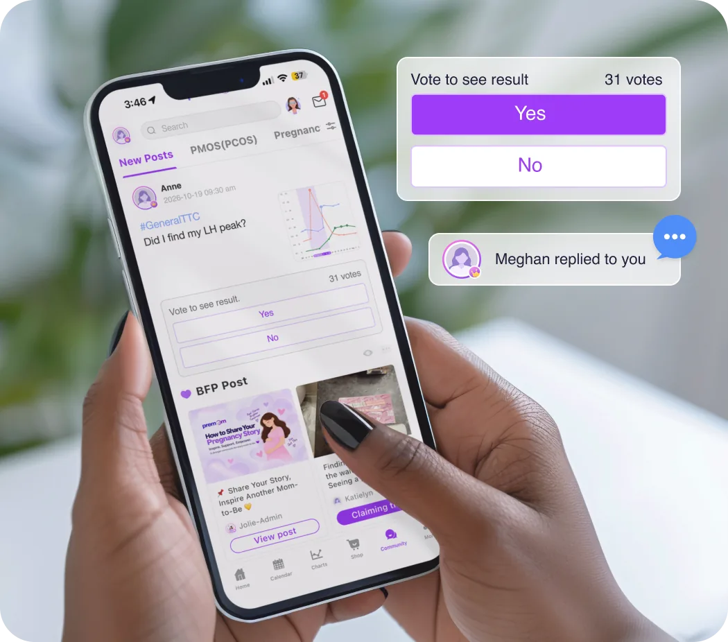 Woman using the Premom in-app community, with a poll and a reply from another member