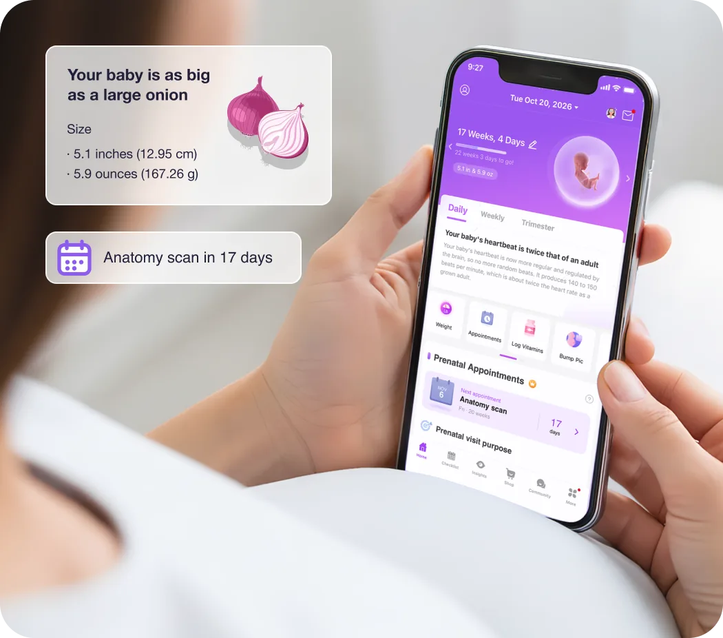 Pregnant woman using Premom week-by-week pregnancy tracking after trying to conceive