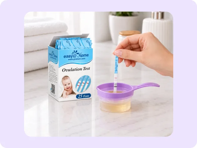 easy@Home ovulation test strip being dipped next to its box