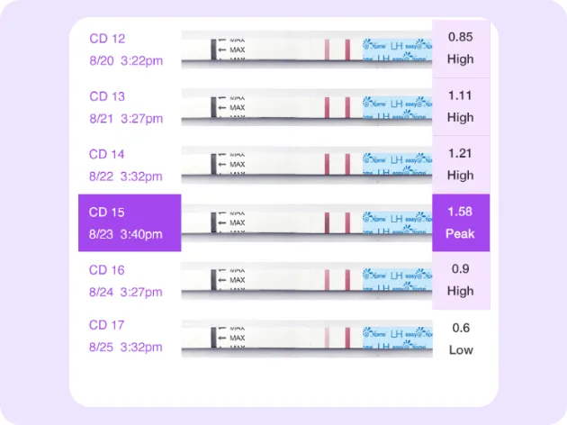 Premom ovulation test gallery with quantified LH readings from CD12 to CD17 and the LH peak on CD15