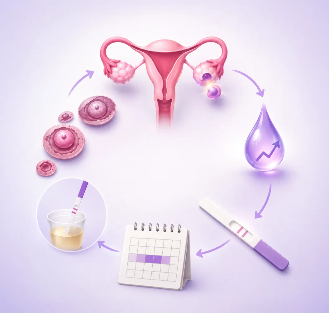 Illustration of the ovulation cycle: ovaries, LH surge, urine test, and calendar
