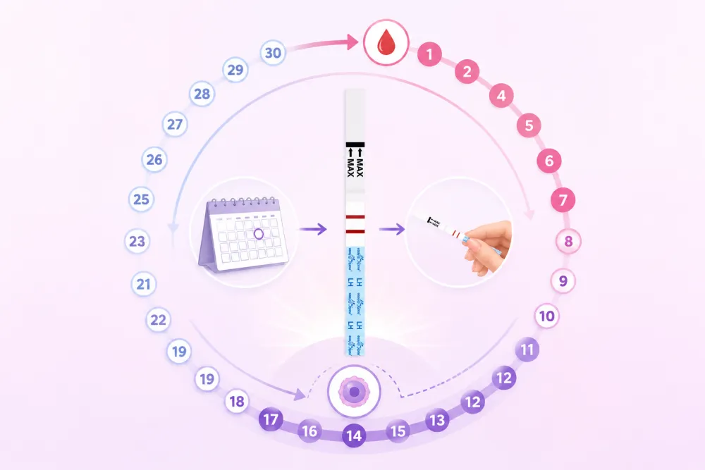 Ovulation cycle wheel showing test days across a 28-day cycle