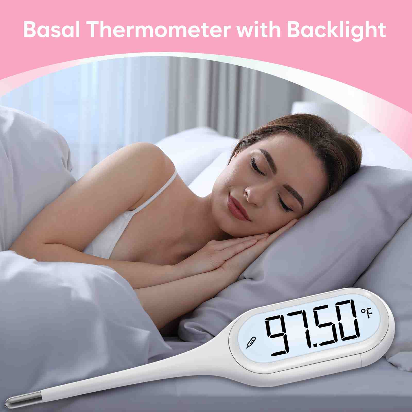 A woman is sleeping with a large thermometer.