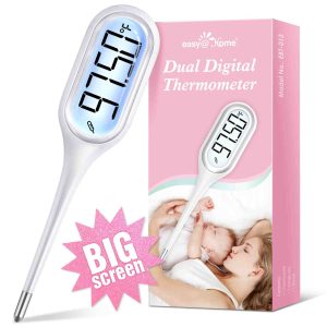 A white thermometer and a pink packaging box featuring a woman and a baby.
