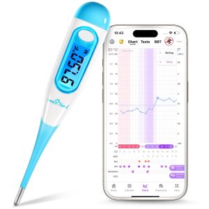 basal thermometer digital in blue showcasing it's connection to the Premom App for fertility tracking