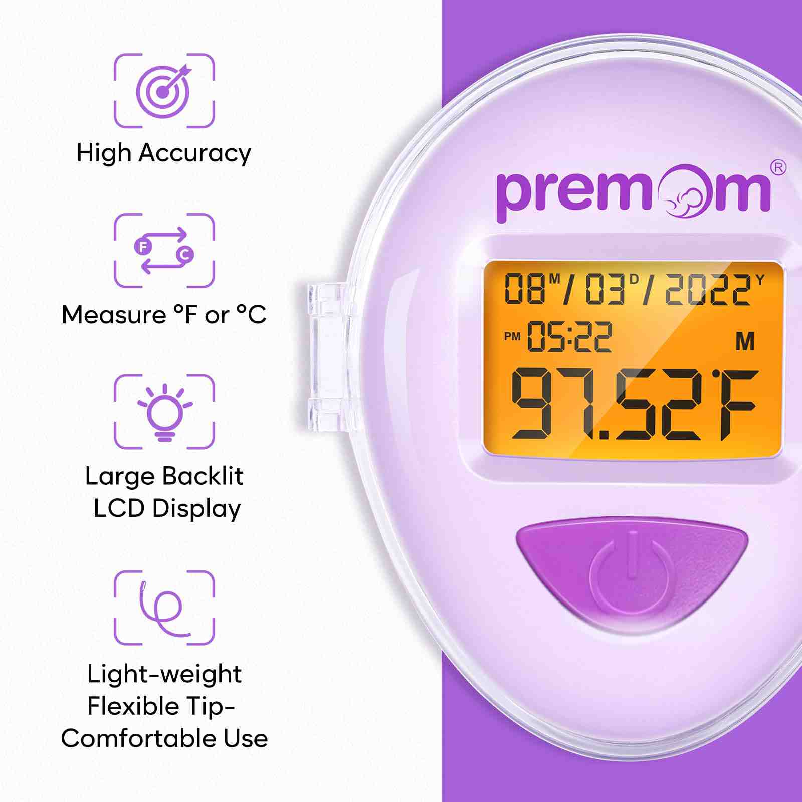 The large display of the Premom thermometer shows 97.52 degrees Celsius.
