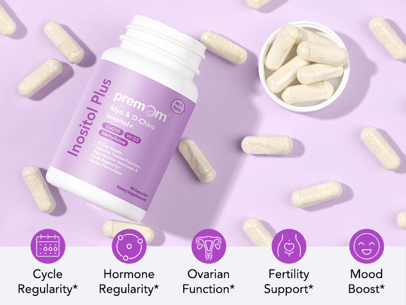 Scattered capsules and the purple bottle of Inositol Plus.