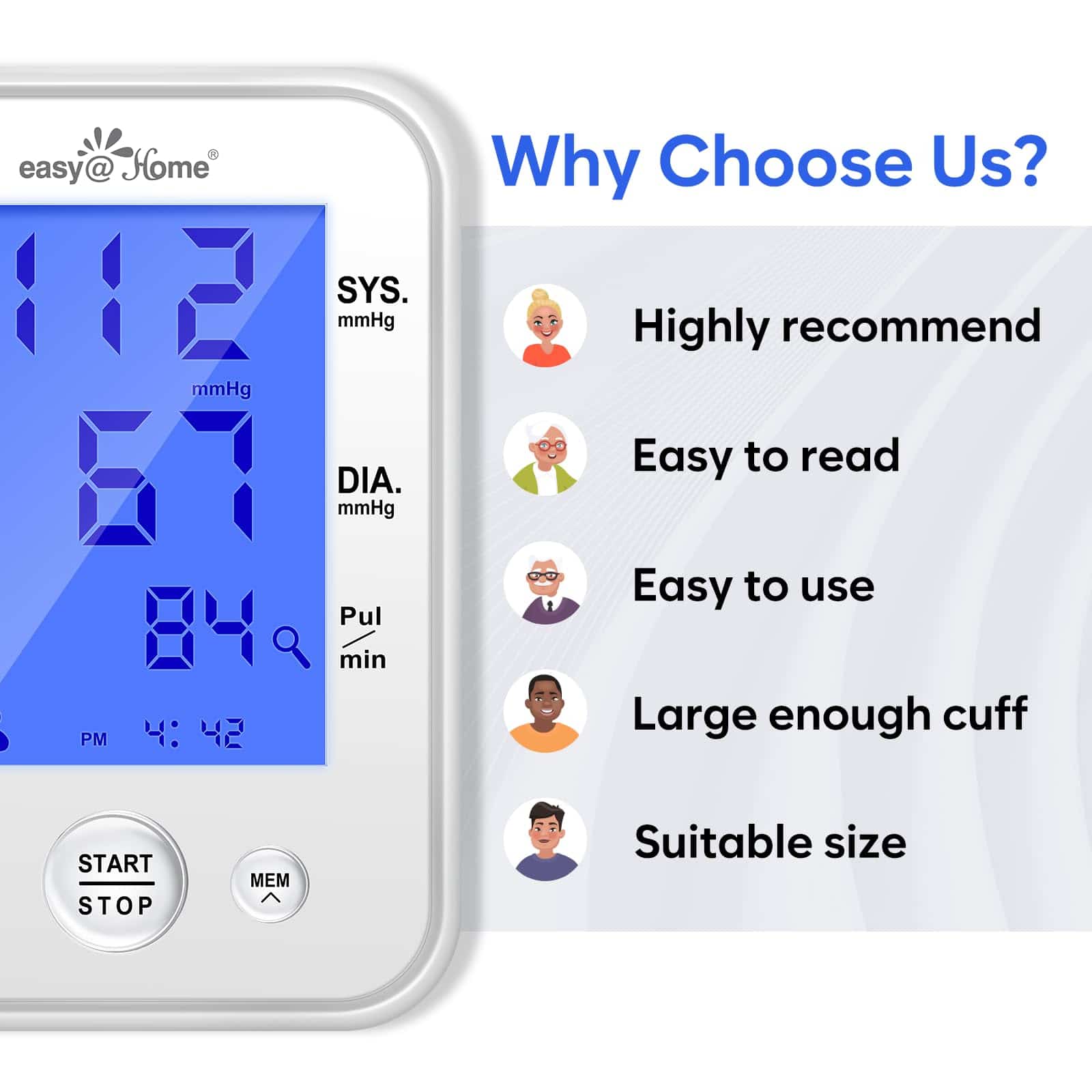 Advantages of Easy@Home Blood Pressure Monitor for home use.