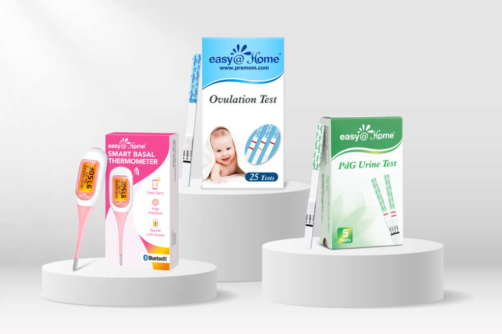Easy @ Home Product group - Ovulation test, PdG Urine Test, and Smart Basal Thermometer.